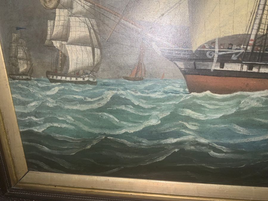 Antique Oil painting Royal Navy Ship of The Line