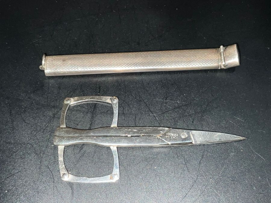 Antique Antique / Vintage H'mark Silver Cased Patented Folding Scissors Fob / Chatelain