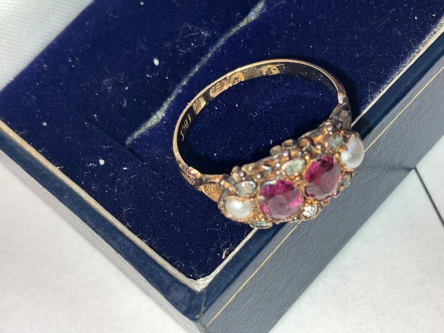 Antique Rubies Diamonds and pearls 18 CT refined ladies ring. Victorian 