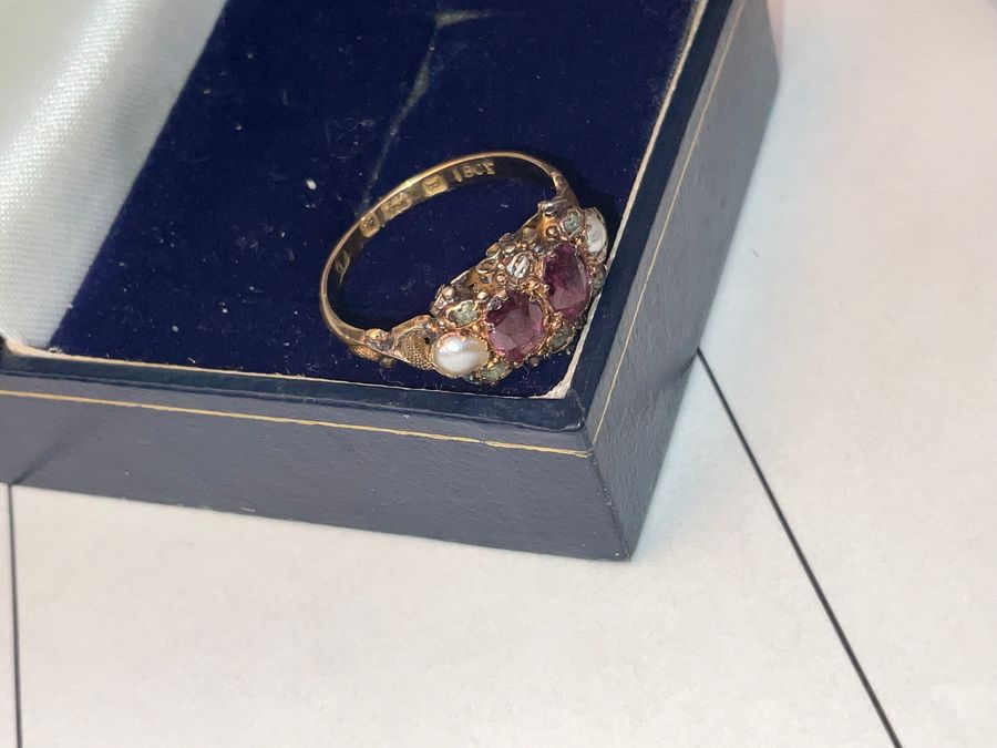 Antique Rubies Diamonds and pearls 18 CT refined ladies ring. Victorian 