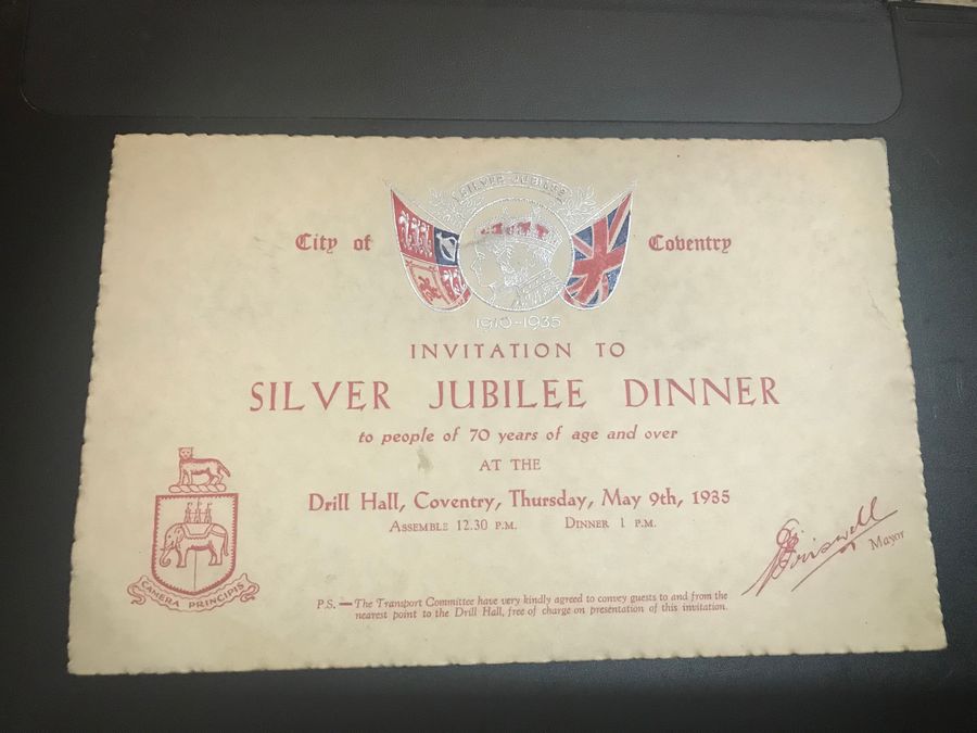 Antique GRV SILVER JUBILEE COVENTRY CELEBRATION MEDDALLION + INVITATION AND BADGE