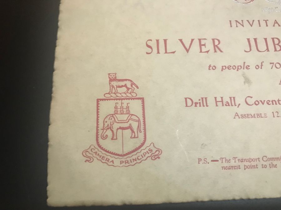 Antique GRV SILVER JUBILEE COVENTRY CELEBRATION MEDDALLION + INVITATION AND BADGE