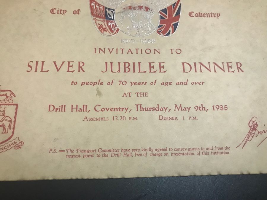 Antique GRV SILVER JUBILEE COVENTRY CELEBRATION MEDDALLION + INVITATION AND BADGE