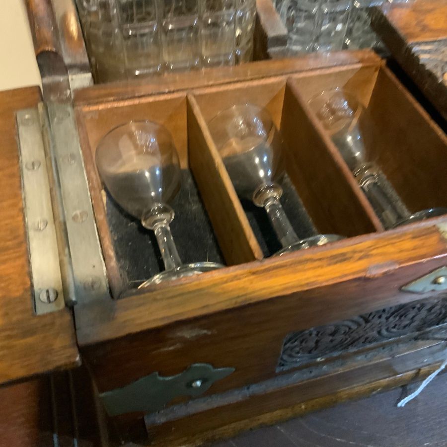 Antique Tantalus three decanter’s & Games in oak case