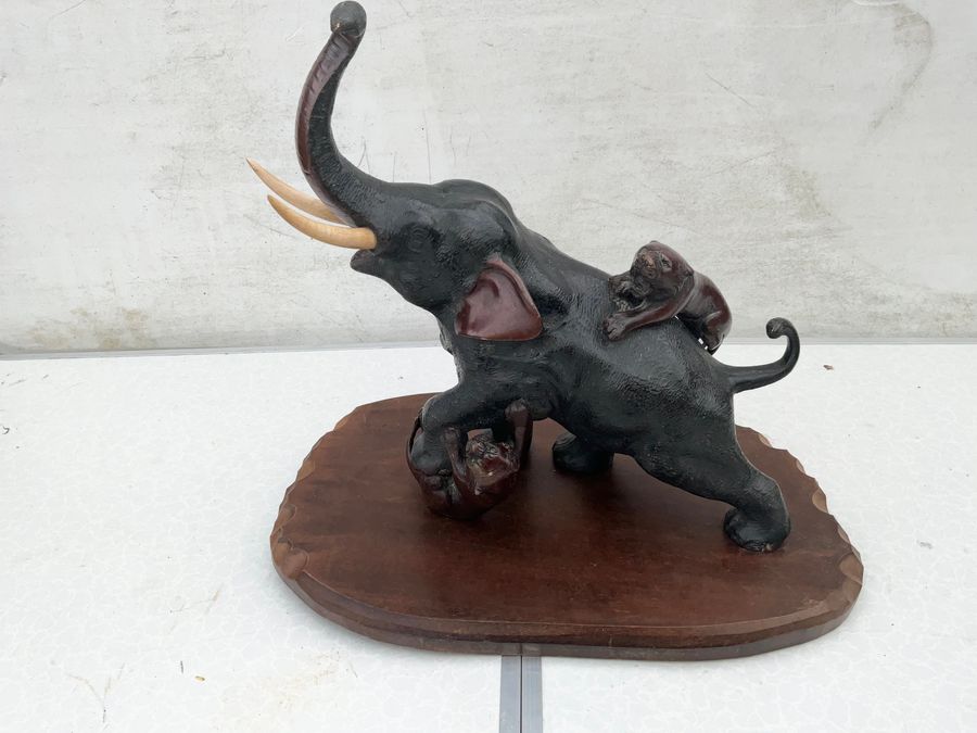 Antique Japanese Meiji Period Bronze Study Of An Elephant Fighting With Two Tigers Circa 1880