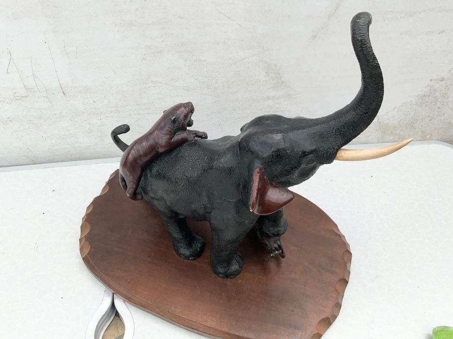 Antique Antique Japanese Meiji Period Bronze Study Of An Elephant Fighting With Two Tigers Circa 1880