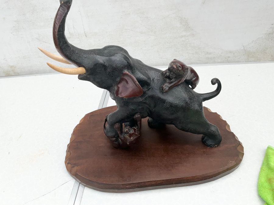 Antique Antique Japanese Meiji Period Bronze Study Of An Elephant Fighting With Two Tigers Circa 1880