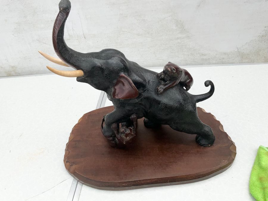 Antique Antique Japanese Meiji Period Bronze Study Of An Elephant Fighting With Two Tigers Circa 1880