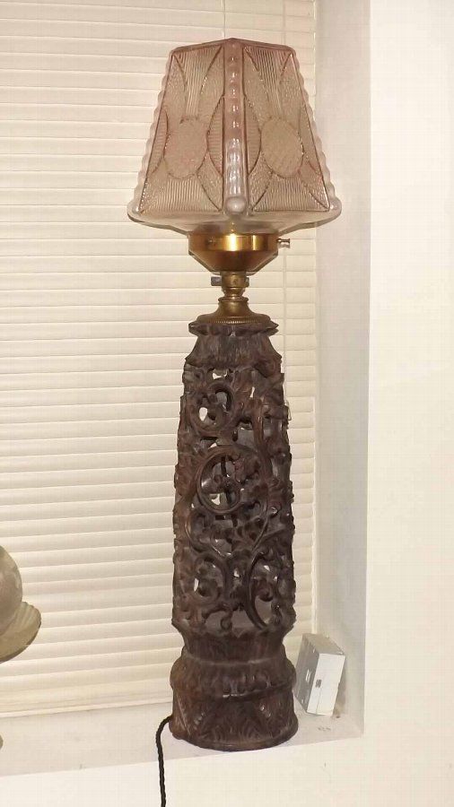 Lamp And Carved Chinese Hard Wood Base Vintage Item