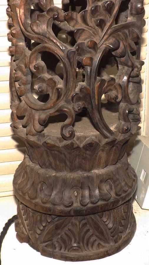 Antique Lamp And Carved Chinese Hard Wood Base Vintage Item