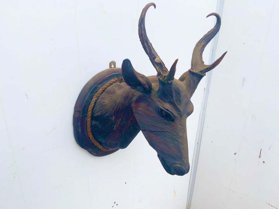 Antique BLACK FOREST CARVED DEERS HEAD SHIELD MOUNTED.