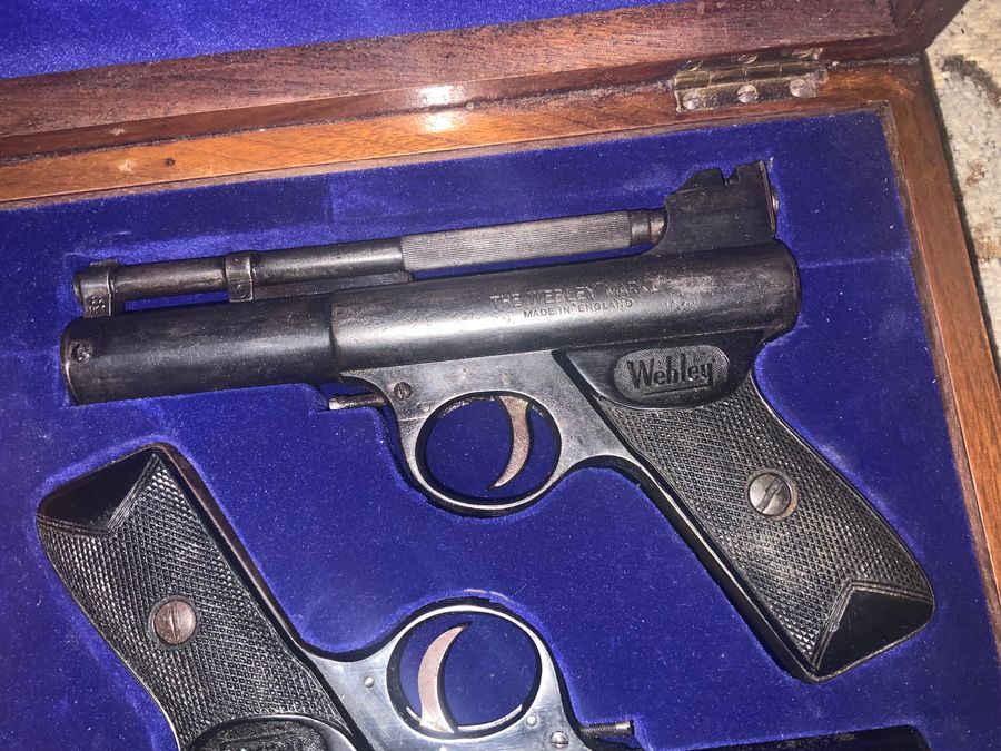 Antique PAIR OF WEBLEY MK1 BOXED AIR PISTOLS.