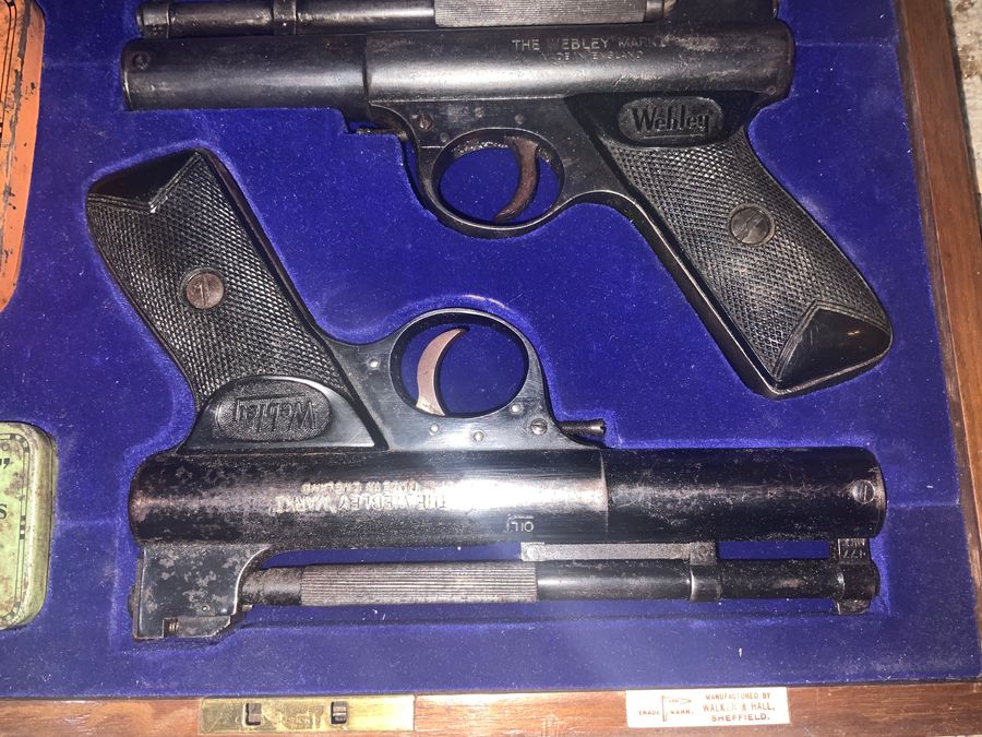 Antique PAIR OF WEBLEY MK1 BOXED AIR PISTOLS.