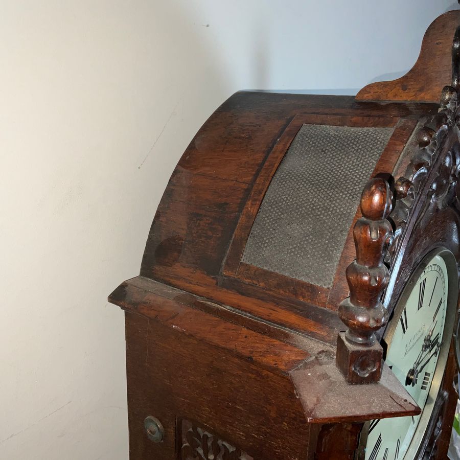 Antique BRACKET CLOCK TRIPLE FUSSE ON 8 BELLS OAK CASED