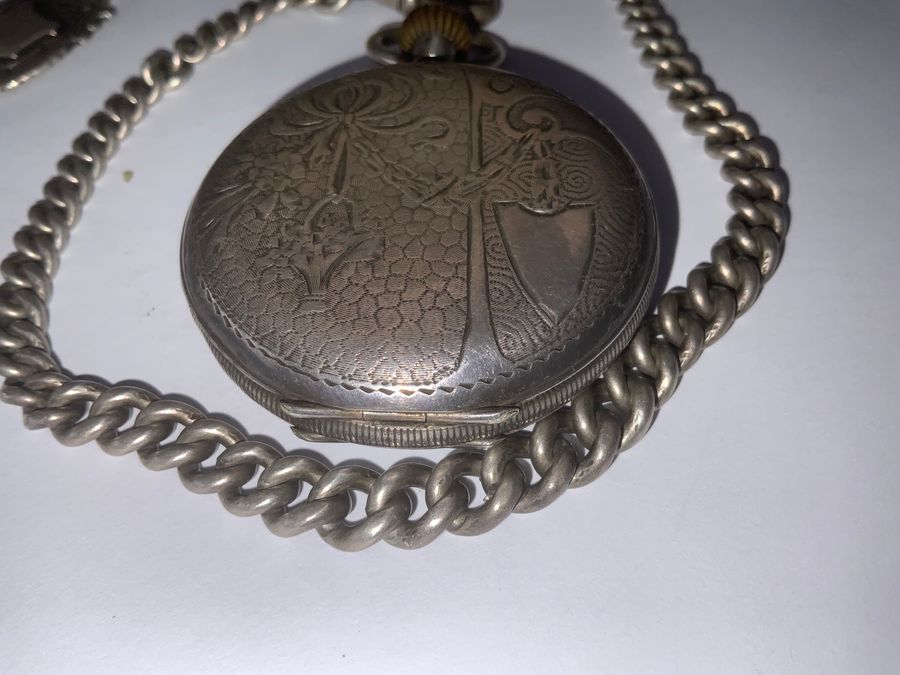 Antique POCKET WATCH & CHAIN FULL HUNTER SOLID SILVER