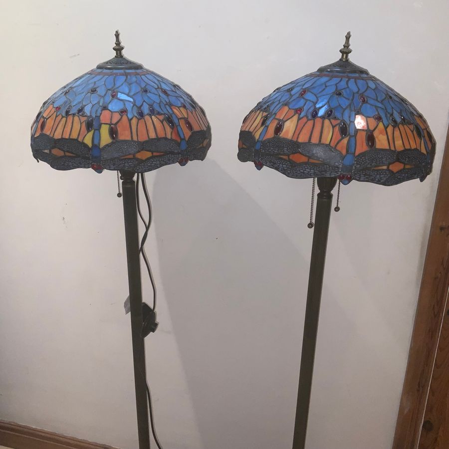 Antique TIFFANY STYLED DRAGON FLY FREE STANDING STANDARD LAMPS 