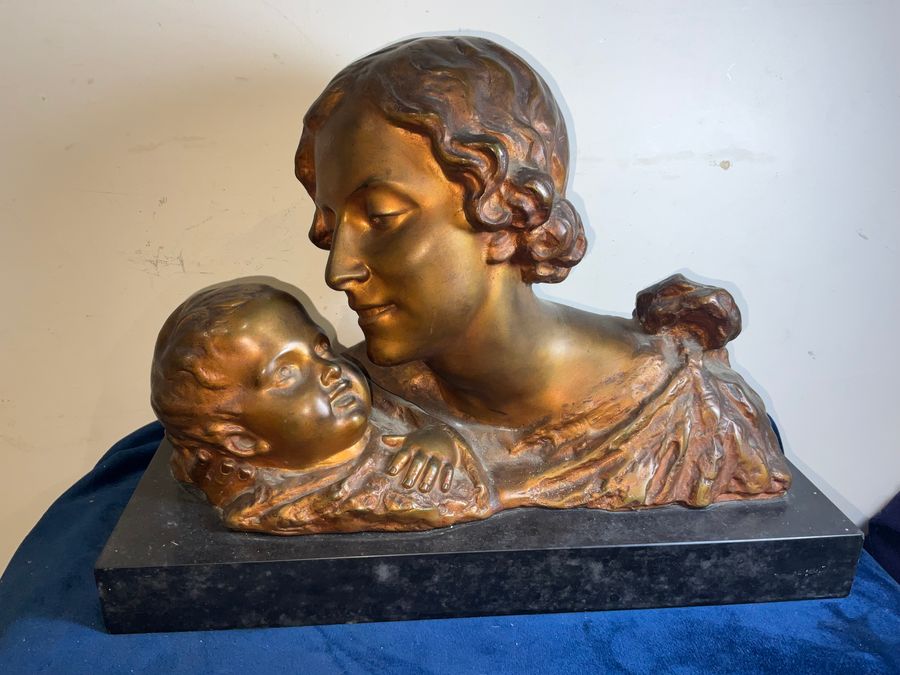 MOTHER & CHILD BRONZE ON MARBLE FRENCH 19TH CENTURY ART NOUVEA