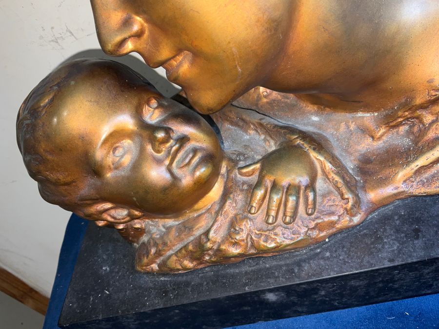 Antique MOTHER & CHILD BRONZE ON MARBLE FRENCH 19TH CENTURY ART NOUVEA