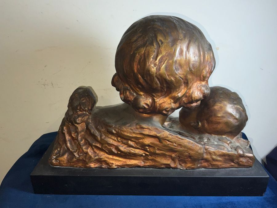 Antique MOTHER & CHILD BRONZE ON MARBLE FRENCH 19TH CENTURY ART NOUVEA