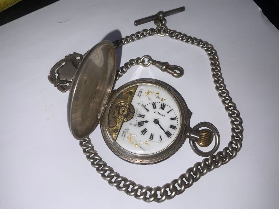 POCKET WATCH & CHAIN FULL HUNTER SOLID SILVER