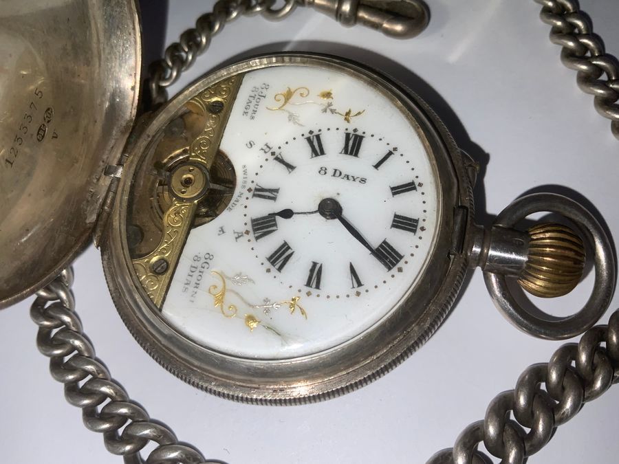 Antique POCKET WATCH & CHAIN FULL HUNTER SOLID SILVER