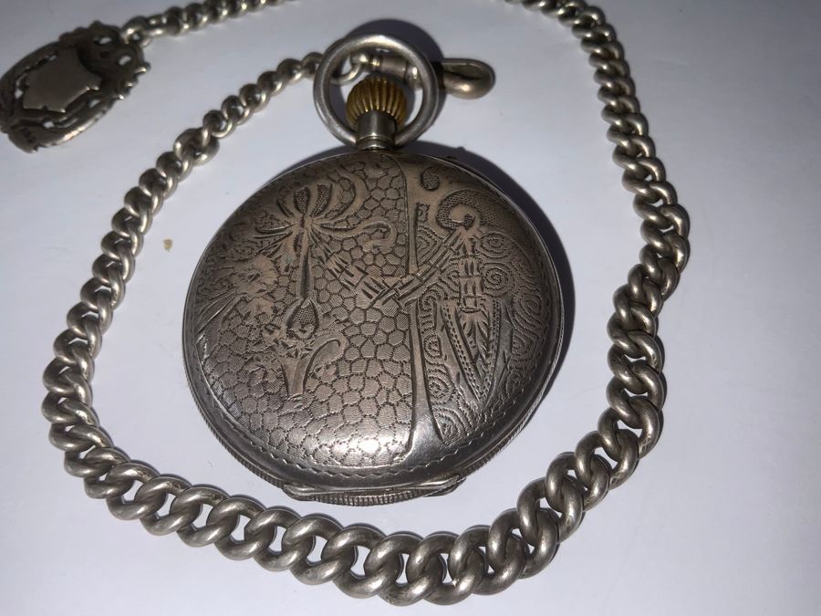 Antique POCKET WATCH & CHAIN FULL HUNTER SOLID SILVER