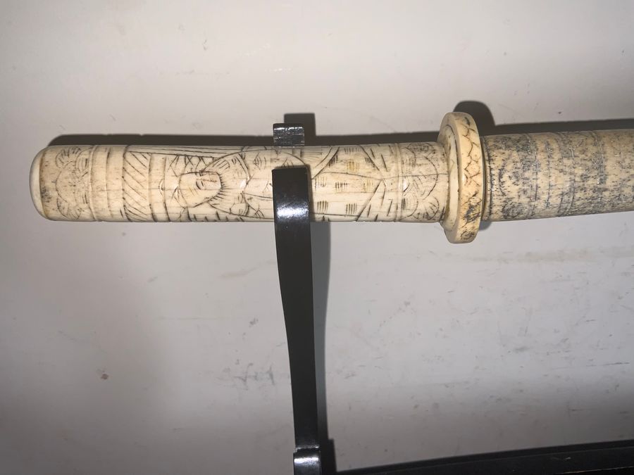 Antique JAPANESE SHORT SWORD DECORATED BONE SCABBARD