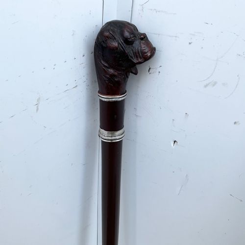 Antique Bulldog Handle, Carved wood, walking stick sword stick