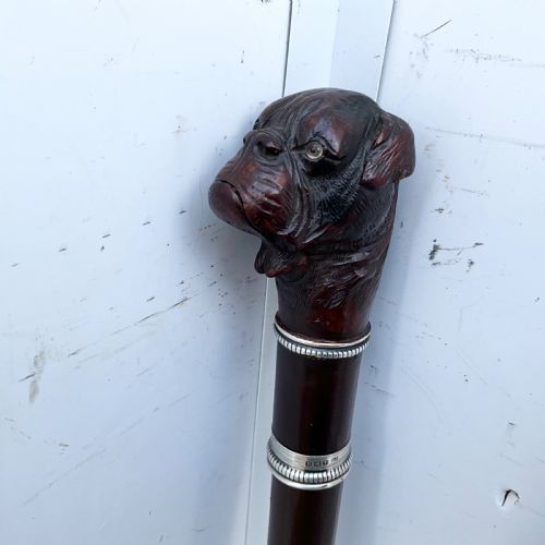 Antique Bulldog Handle, Carved wood, walking stick sword stick