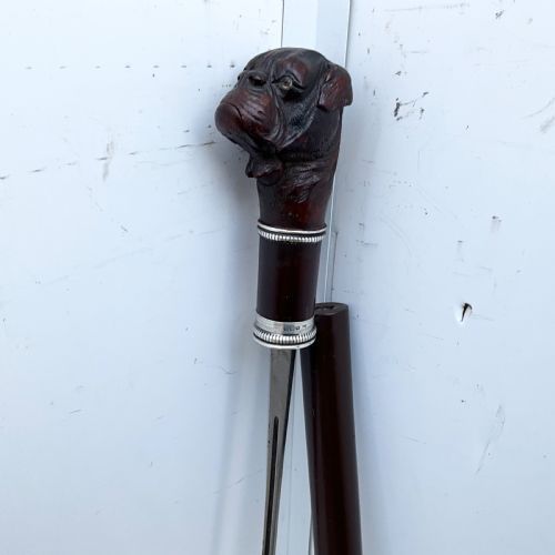 Antique Bulldog Handle, Carved wood, walking stick sword stick