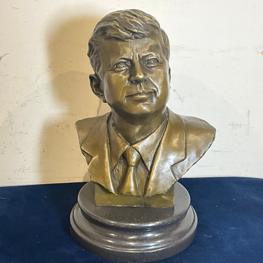 JFK John F. Kennedy Bronze Metal Bust Sculpture Statue on Marble Base