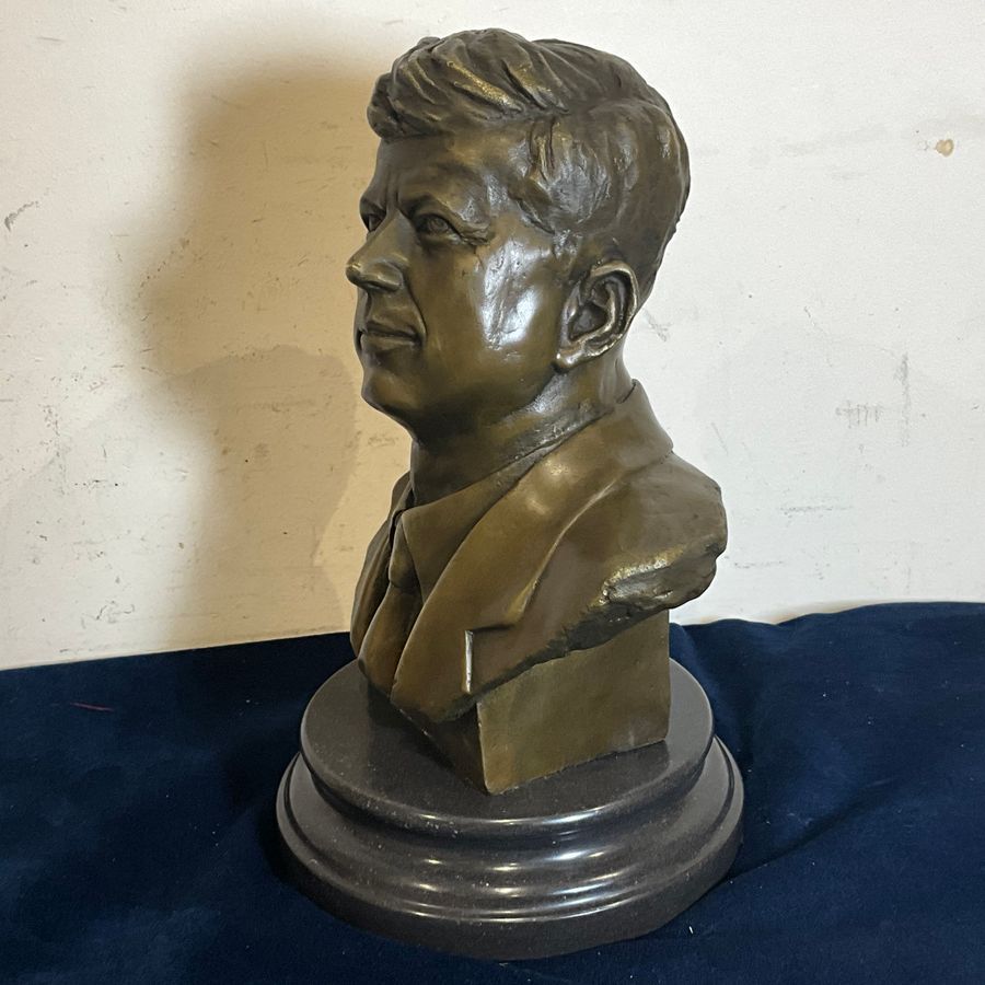 Antique JFK John F. Kennedy Bronze Metal Bust Sculpture Statue on Marble Base