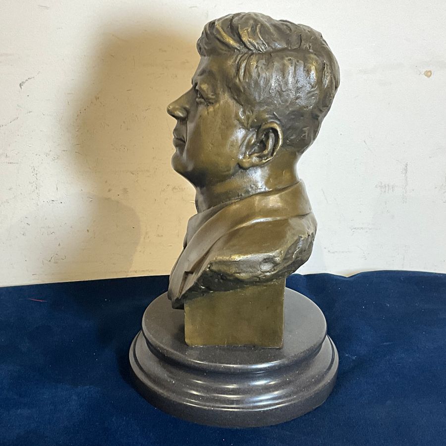 Antique JFK John F. Kennedy Bronze Metal Bust Sculpture Statue on Marble Base