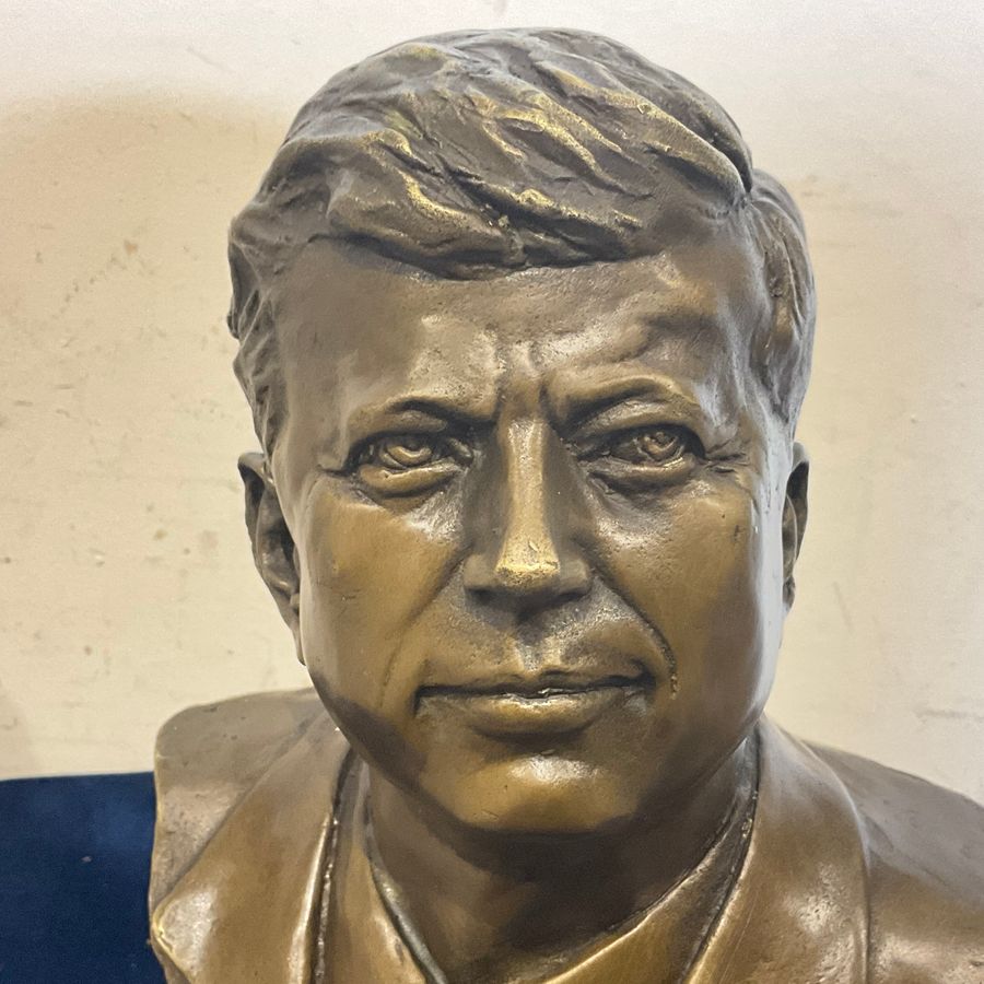 Antique JFK John F. Kennedy Bronze Metal Bust Sculpture Statue on Marble Base