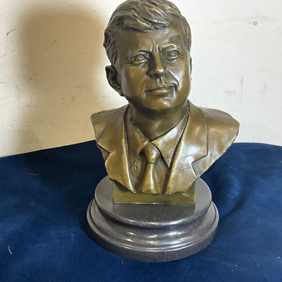 Antique JFK John F. Kennedy Bronze Metal Bust Sculpture Statue on Marble Base