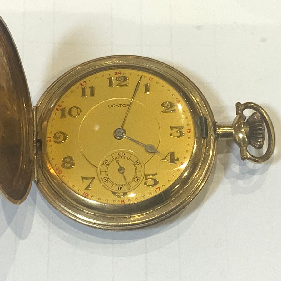 Antique ORATOR FULL HUNTER GOLD PLATED ELGIN CASED POCKET WATCH.