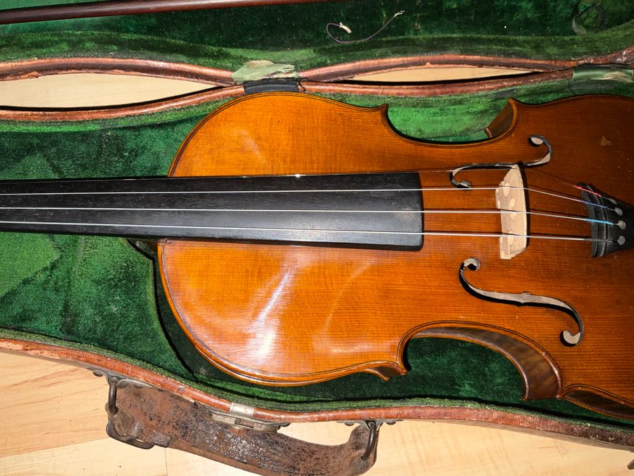 Antique Violin &  Alligator Skin Case & Violins Bow