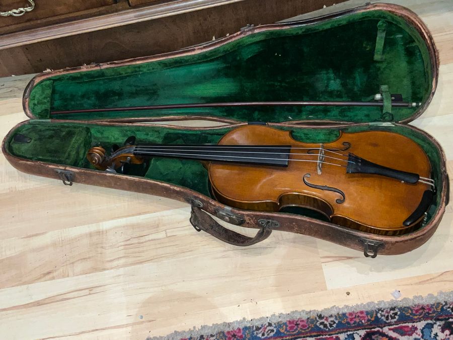 Antique Violin &  Alligator Skin Case & Violins Bow