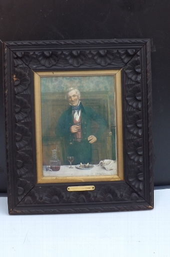 Rare prints of Georgian Gentlemen toast announcer's in bog oak frames.