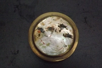 Pill box in brass with inlaid mother of pearl lid Chinese. B29