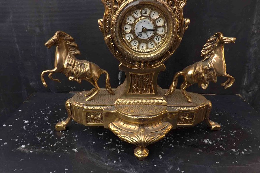 Antique mantle clock large brass horses and eagles mounts ANTIQUES.CO