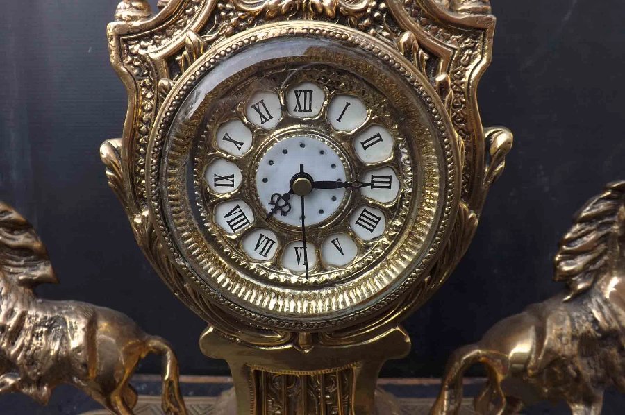 Antique mantle clock large brass horses and eagles mounts ANTIQUES.CO