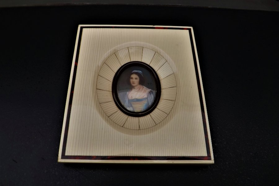 Antique Georgian minature painting of French Lady of Society in FAUX French Ivorian   