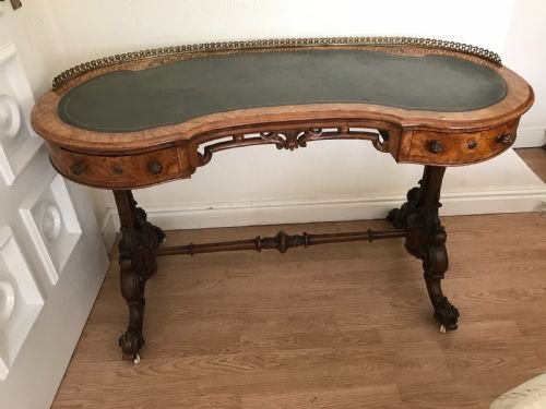 Antique Desk Kidney Shaped Burr Walnut With Inlays An Leather Top