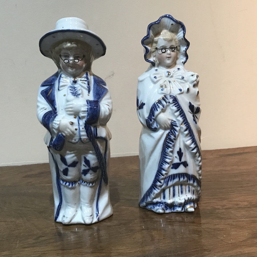 Antique Pair of German man & woman pottery figures Victorian 