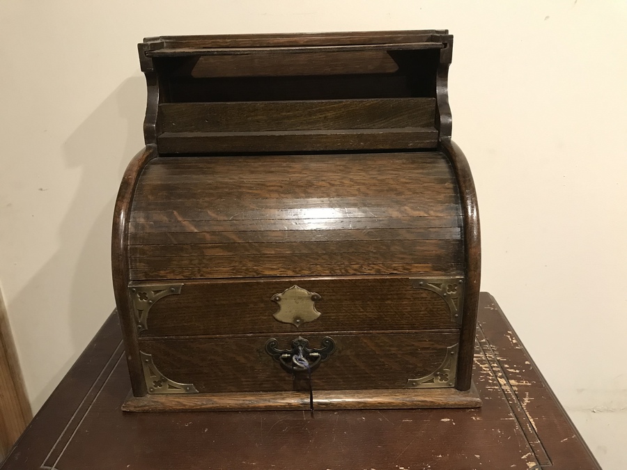 Antique Edwardian writing Roll topped oak box