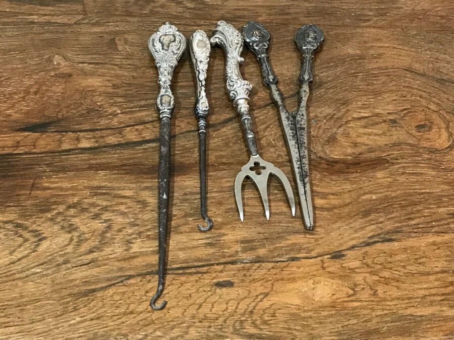 Antique Solid silver handles to four items of victoriana