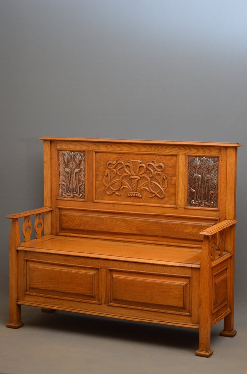 Arts & Crafts oak hall bench by J. Schoolbred Sn2986