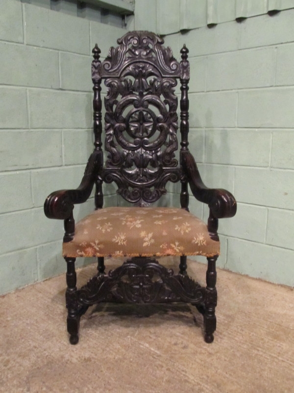 ANTIQUE EARLY VICTORIAN CARVED OAK THRONE CHAIR C1840 W6782/30.1