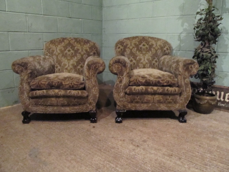 ANTIQUE PAIR VICTORIAN UPHOLSTERED SCROLL ARMCHAIRS W7270/14.1